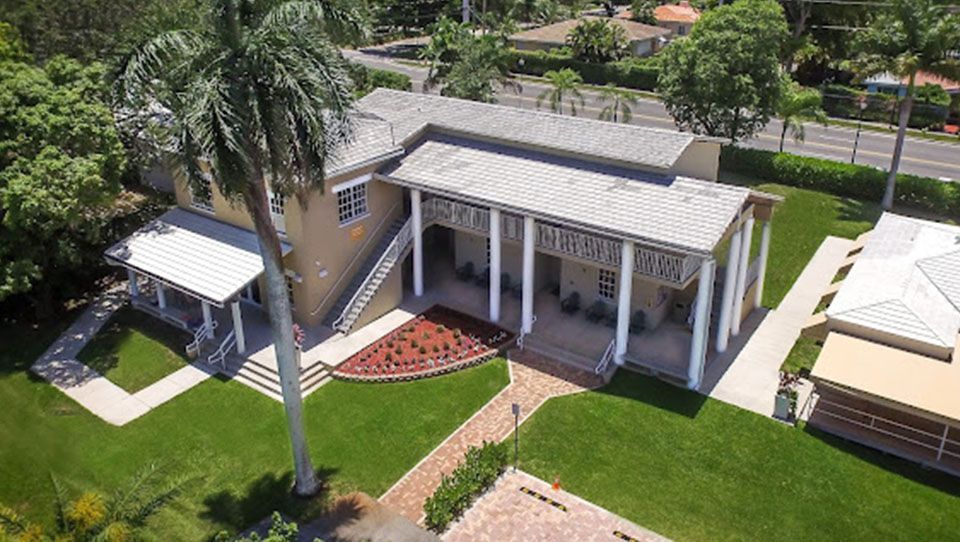 Aerial view of an MCDS school building during a campus tour