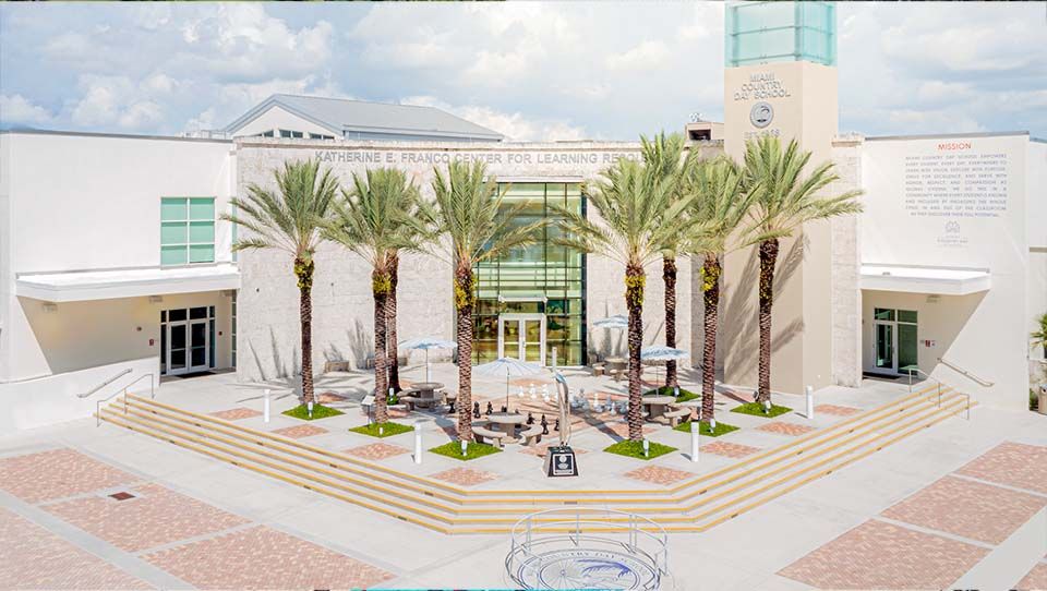 MCDS building and courtyard, part of a campus tour stop