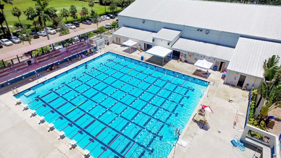 Aerial view of the MCDS swimming pool during a campus tour