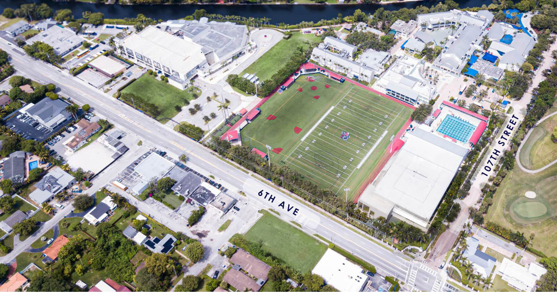 Aerial view of the MCDS campus including the Woodhouse Athletic Center