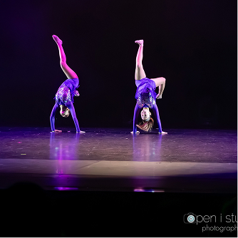 Gymnasts performing an acrobatic routine on stage