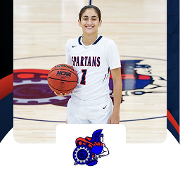 Maria Alvarez in a white Spartans basketball jersey holding a basketball on the court
