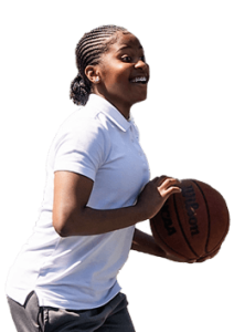 Online School student athlete holding a basketball
