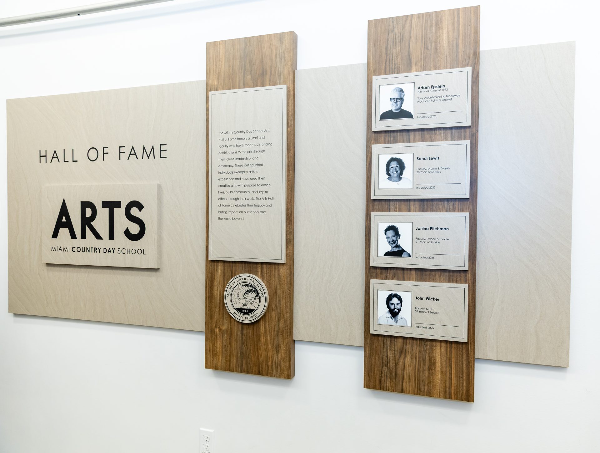 Arts Hall of Fame donor recognition wall at MCDS