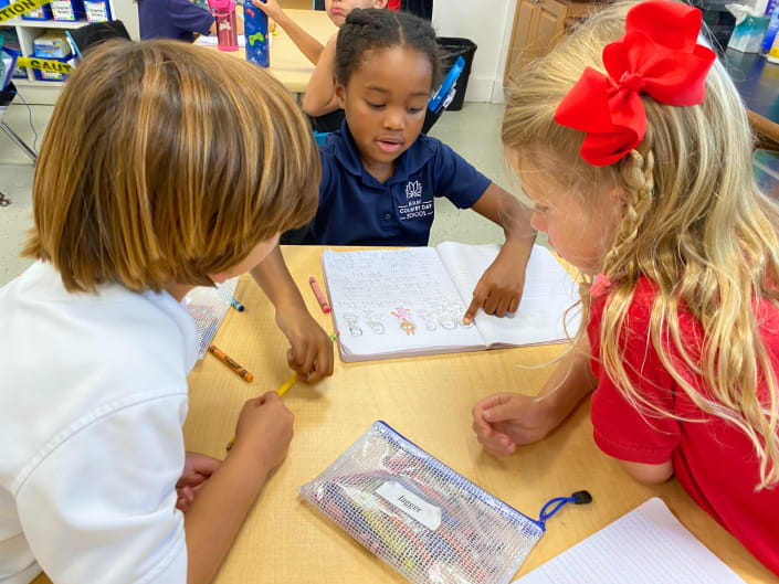 Three young students in school uniforms working together on a writing activity at their desk