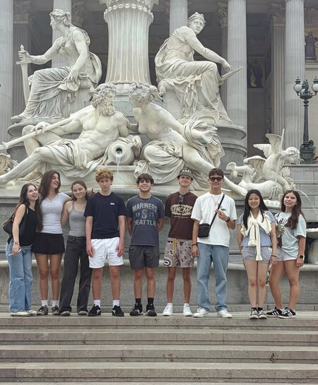 MCDS students visiting a fountain monument, GATEway trip photo
